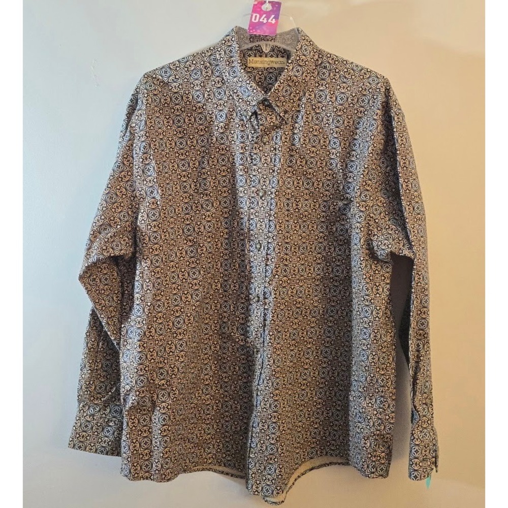 Munsingwear Mens Button Down Shirt Brown Geometric Print 100% Cotton Size XL